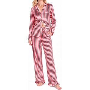 SWOMOG 100% Cotton Pajamas for Women Set 2 Pieces Button Down Pajamas Set(Red & White Stripes)