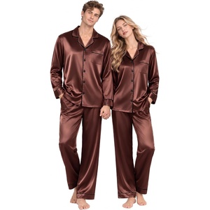 SWOMOG Matching Satin Pajamas for Couples Long Sleeve Button Down Sleepwear His and Hers Pajamas Sets Christmas Loungewear(Brown)