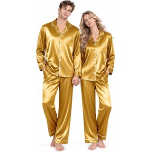 SWOMOG Matching Satin Pajamas for Couples Long Sleeve Button Down Sleepwear His and Hers Pajamas Sets Christmas Loungewear(Yellow)