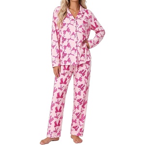 SWOMOG Pajamas for Women Sets 2 Piece Button Down Printed Pjs Long Sleeve Tops and Pants Sleepwear Cute Loungewear(Hot Pink Bow)