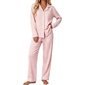 SWOMOG Pajamas for Women Sets 2 Piece Button Down Printed Pjs Long Sleeve Tops and Pants Sleepwear Cute Loungewear(Pink White Plaid)