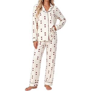 SWOMOG Pajamas for Women Sets 2 Piece Button Down Printed Pjs Long Sleeve Tops and Pants Sleepwear Cute Loungewear(Red Heart)