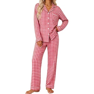 SWOMOG Pajamas for Women Sets 2 Piece Button Down Printed Pjs Long Sleeve Tops and Pants Sleepwear Cute Loungewear(Red White Plaid)