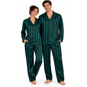 SWOMOG Silky Couple Matching Pajamas Sets, 2 Pcs Lounge Set Sleepwear(Green Stripes)